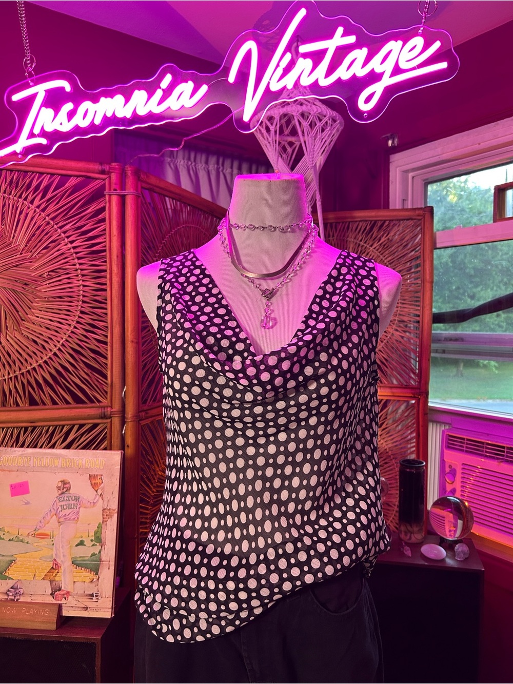 Georgiou Y2K Sleeveless Cowl Neck Polka Dot Blouse